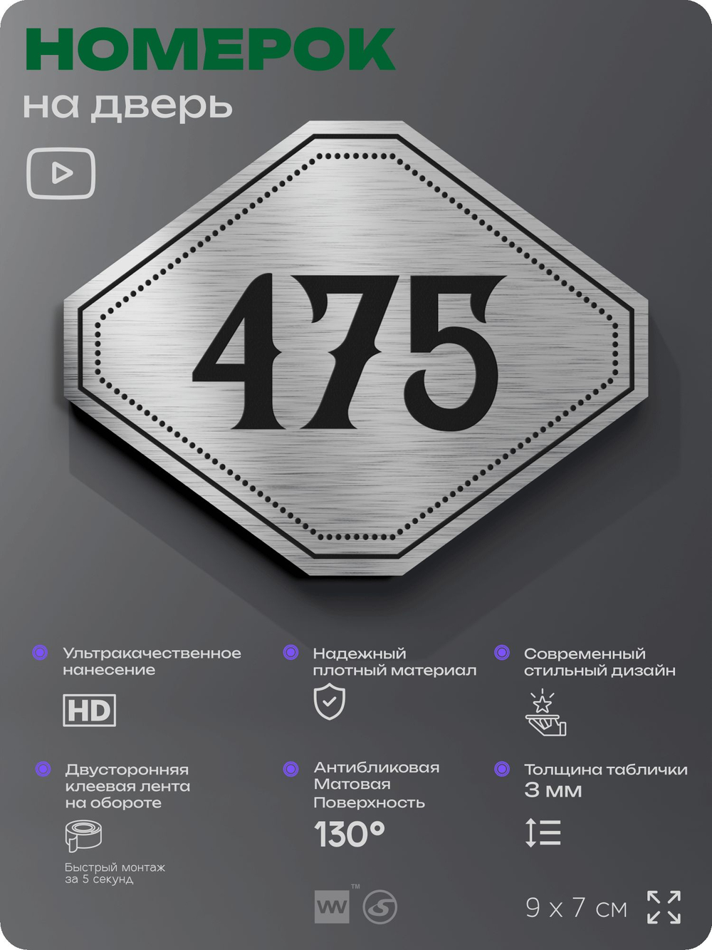 Номерок на дверь квартиры 475, для кабинета, офиса, шильдик 9 х 7 см, брашированная сталь, Айдентика Технолоджи