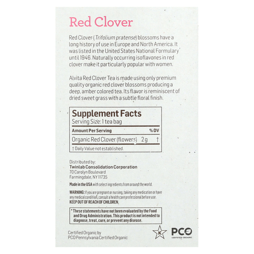 Alvita Teas, органический растительный чай, красный клевер, без кофеина, 16 индивидуально упакованных чайных пакетиков, 32 г (1,13 унции)