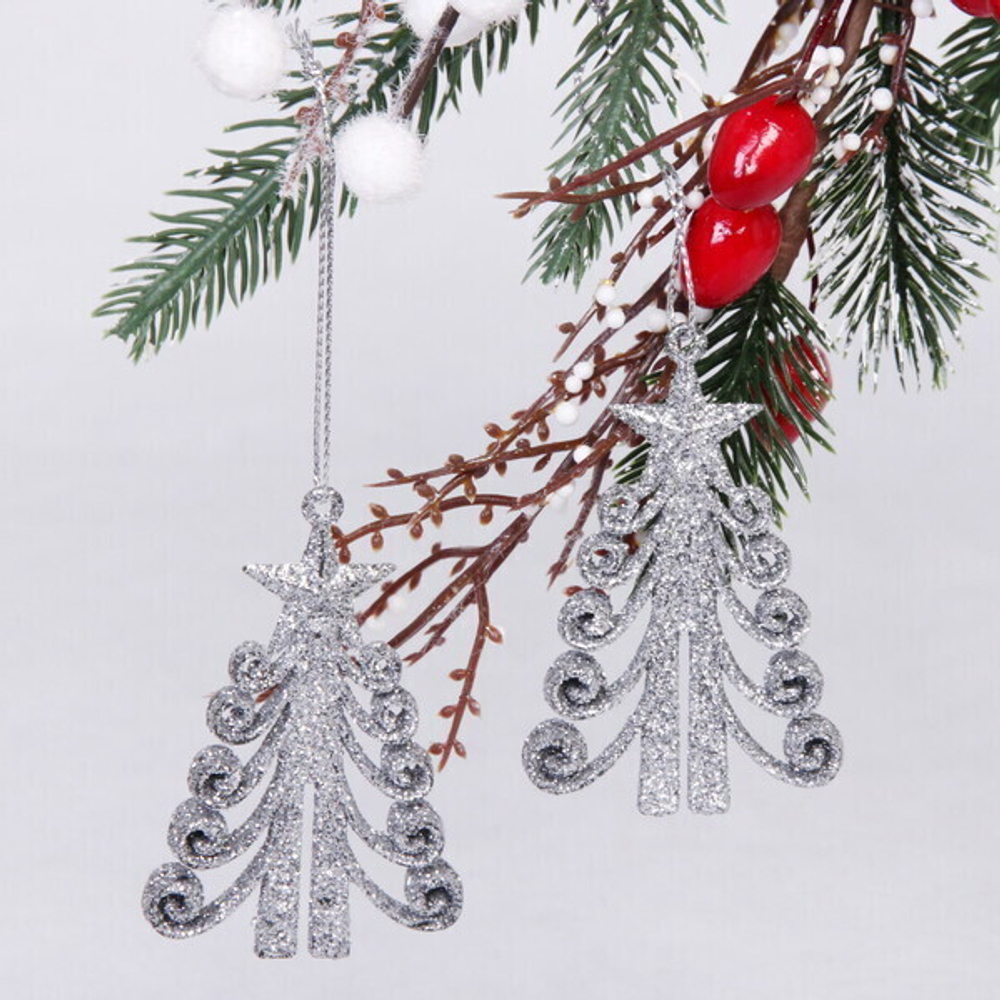 Подвески в блестках «Елочка кудрявая» 7 см (набор 2шт), серебро