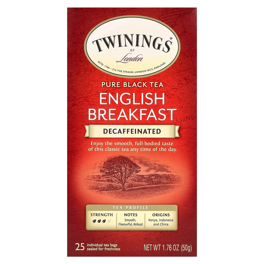 Twinings, 100% чистый черный чай, английский завтрак, без кофеина, 25 чайных пакетиков, 50 г (1,76 унции)
