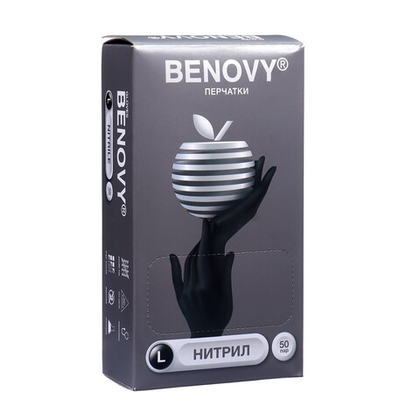 BENOVY перчатки нитриловые, черные, L, 50 пар в упаковке
