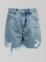 Шорты джинсовые WZH 83123 однотонные со стразами рваный стиль