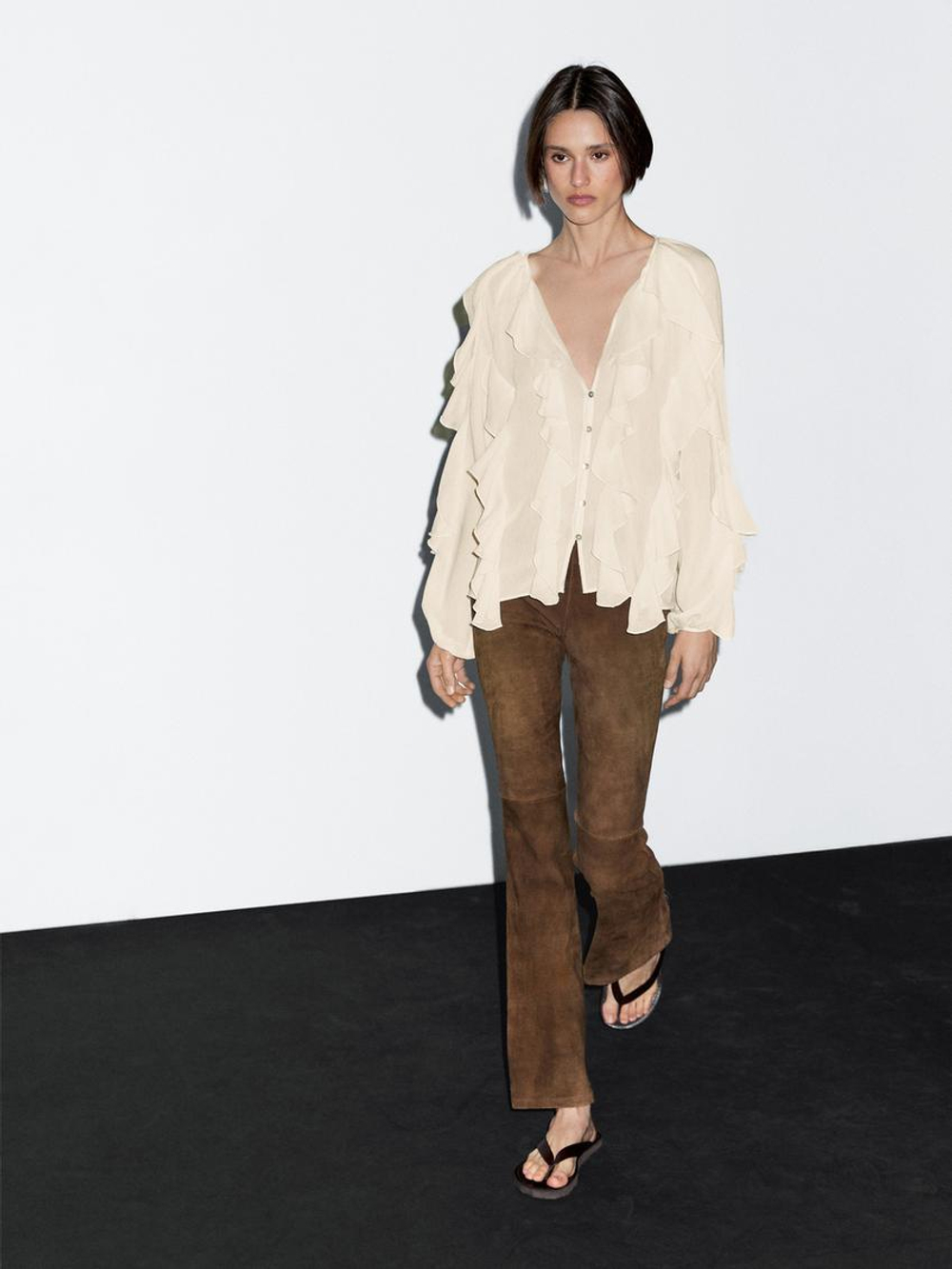 Massimo Dutti Блуза из струящейся ткани с воланами, натуральный, кремовый