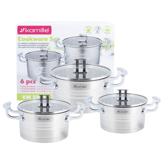 Набор кастрюль 6 предметов 1,7 л; 2,4 л; 3,1 л. Kamille KM 5861 из нержавеющей стали