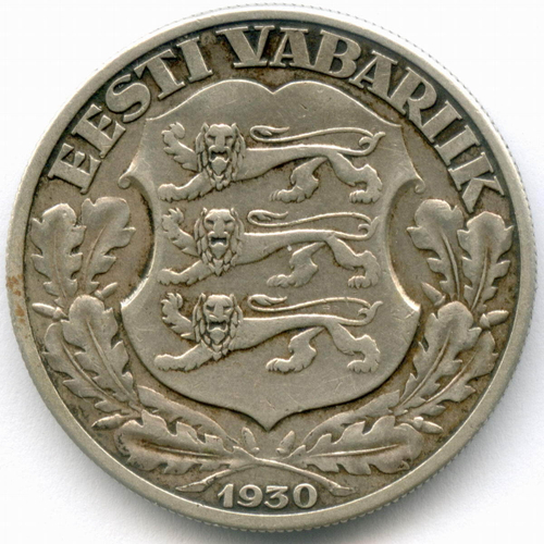 2 кроны 1930 год. Эстония. Замок Тоомпеа. Серебро, диаметр 30 мм. VF-XF
