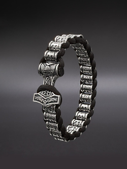 Браслет Ворон из серебра 925 пробы с застежкой молот Тора