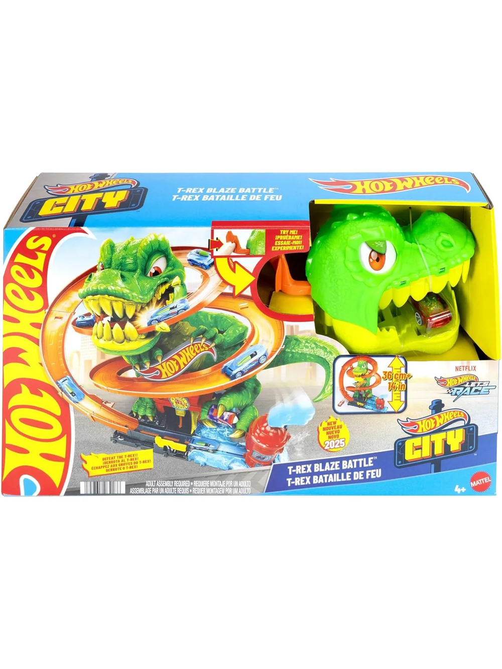 Hot Wheels JBM73 Ти-Рекс Пылающая битва, игровой набор с динозавром и машинками, трасса для трюков, оригинал Mattel