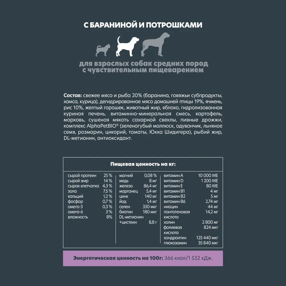 Сухой полнорационный корм с бараниной и потрошками для взрослых собак средних пород с чувствительным пищеварением AlphaPet Superpremium 2 кг