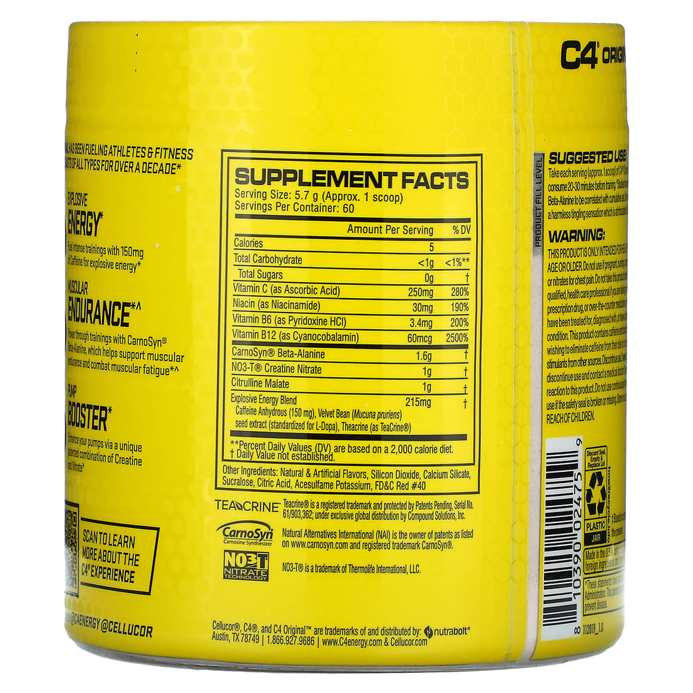 C4 / Cellucor, C4 Original Explosive, предтренировочный комплекс, со вкусом «Клубничная маргарита», 390 г (13,8 унций)