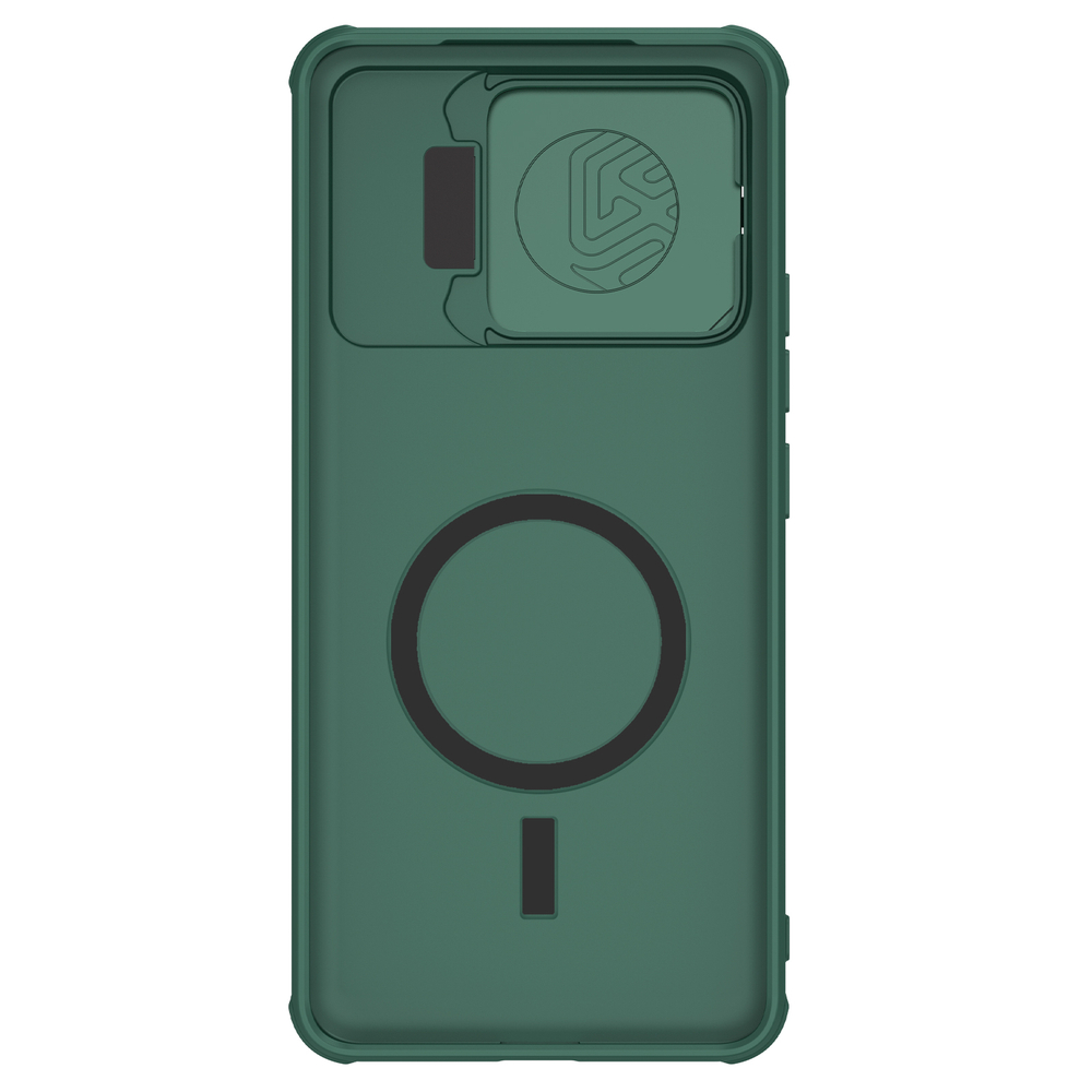 Чехол зеленого цвета (Deep Green) от Nillkin для Xiaomi Poco F6 Pro с металлической откидной крышкой и поддержкой магнитной беспроводной зарядки MagSafe, серия CamShield Prop Magnetic