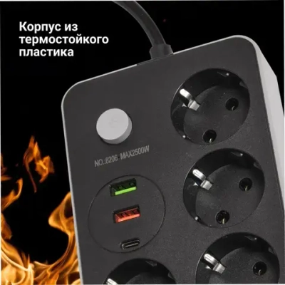 Удлинитель сетевой фильтр электрический на 4 розетки с USB и Type-C, с заземлением и защитой предохранителем, шнур 2 метра