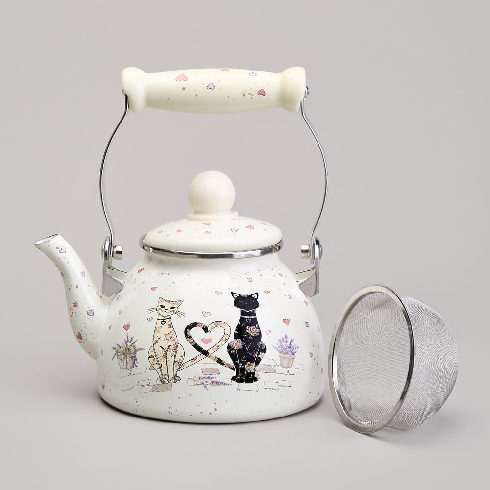 ЧАЙНИК AGNESS ЭМАЛИРОВАННЫЙ СО СЪЕМНЫМ ФИЛЬТРОМ ИЗ НЖС СЕРИЯ "LAVANDER CATS", 1,1 Л