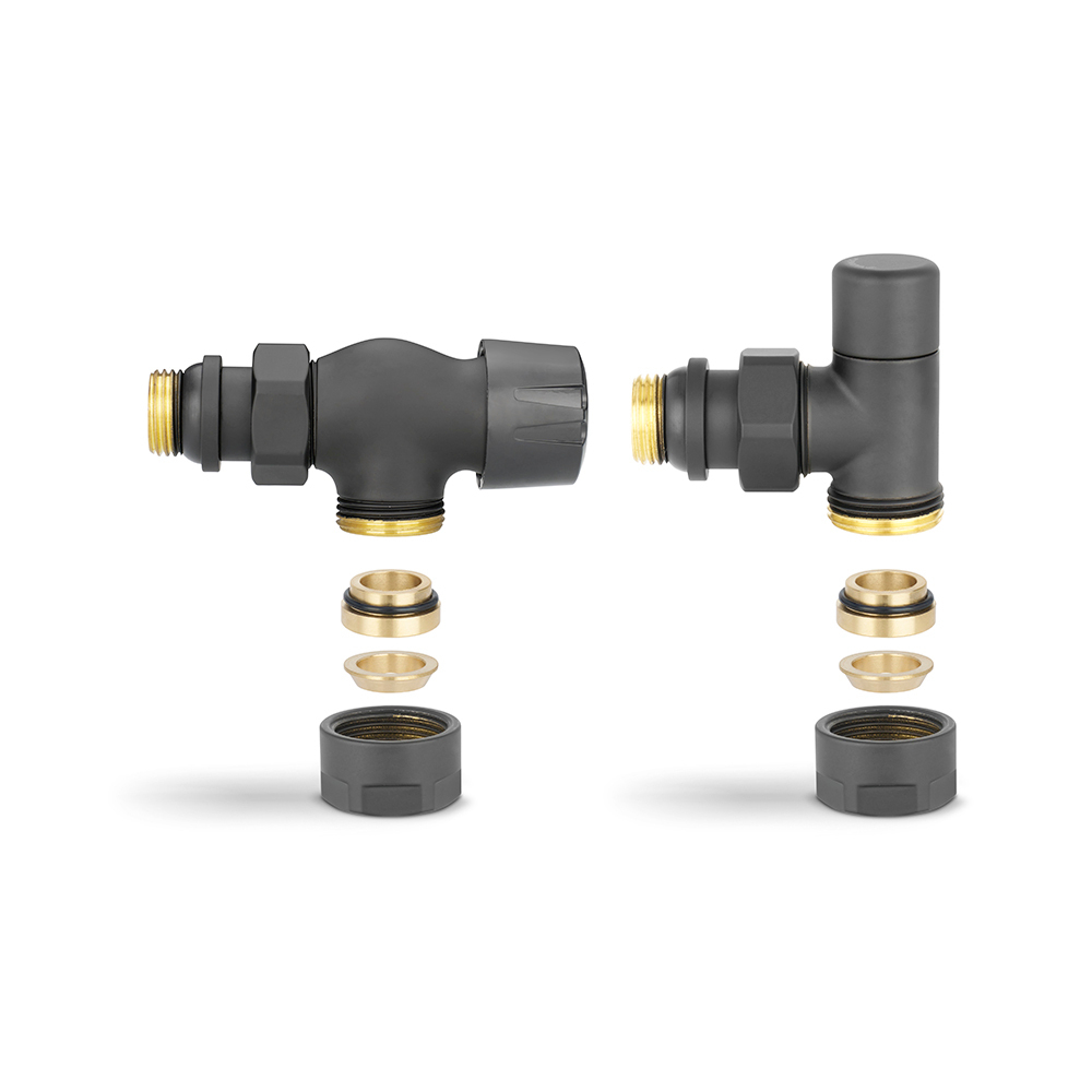 Комплект радиаторных клапанов осевой Varmega VMDV12 черный - 3/4" x 1/2" (НР/НР-американка, PN10, Tmax 110°C, O-ring)