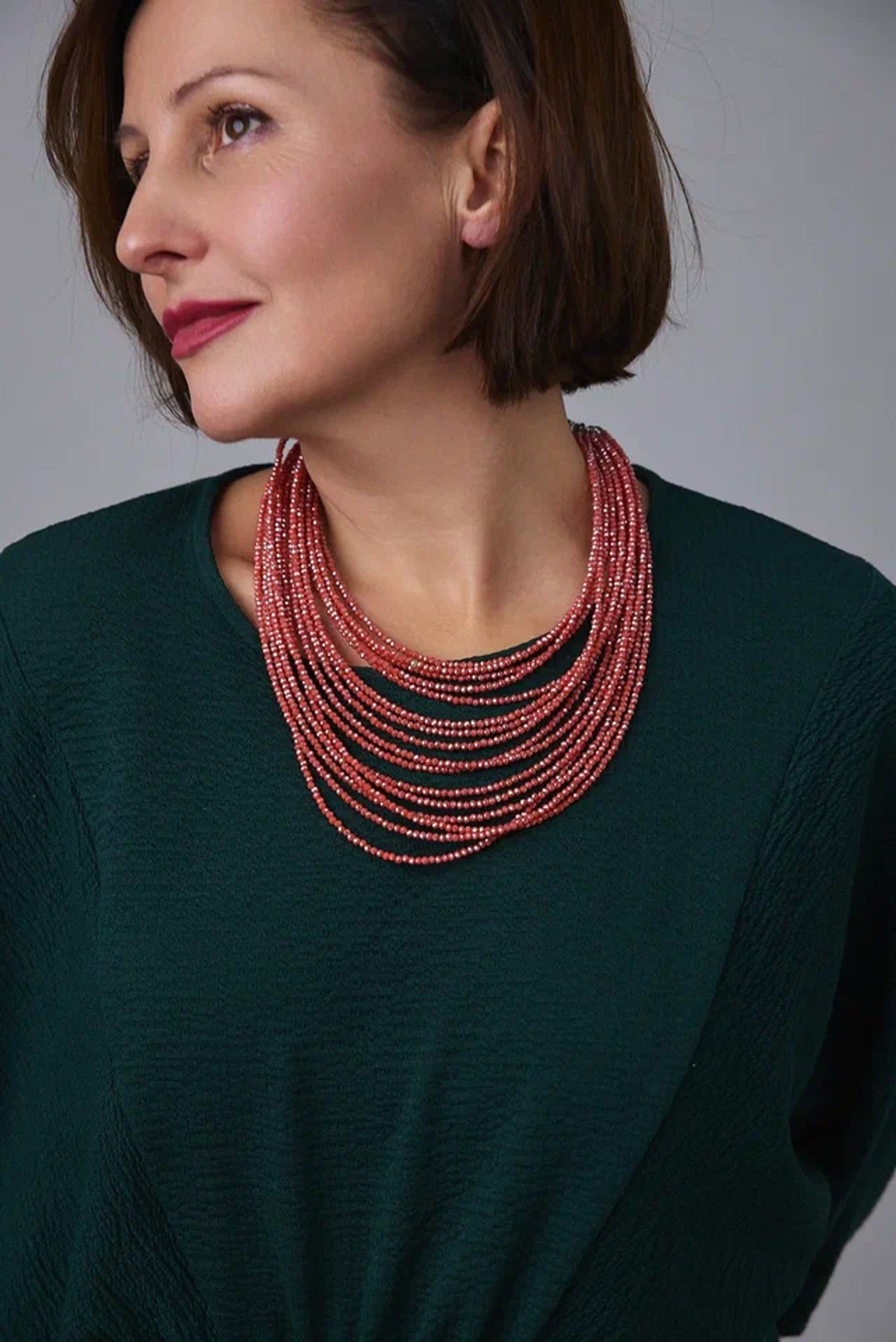 Колье каскад "Венеция, оттенок рябина, венец.стекло, натур.кожа