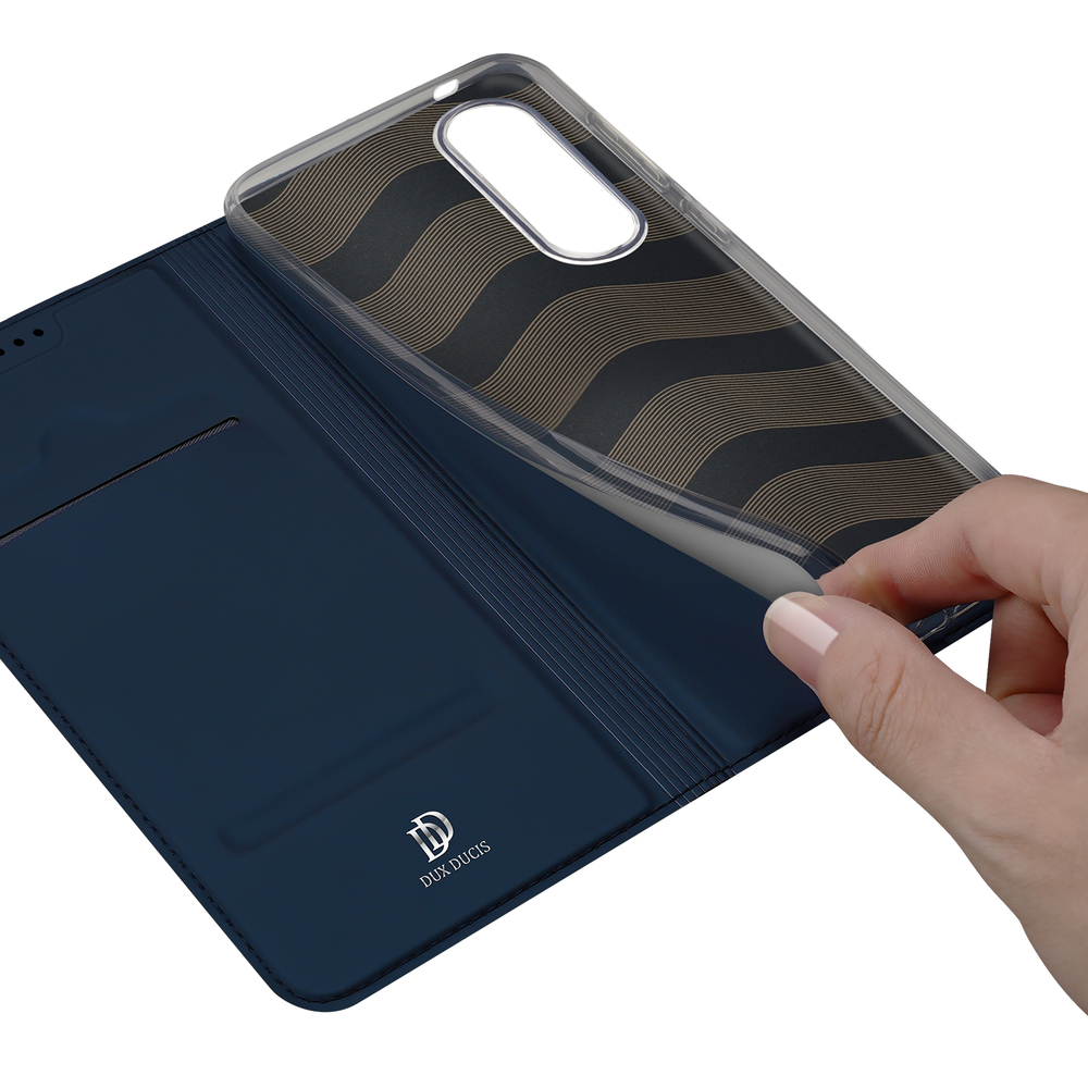 Чехол книжка из PU кожи синего цвета от Dux Ducis для смартфона Samsung Galaxy S25 Edge, серия Skin Pro Series Case