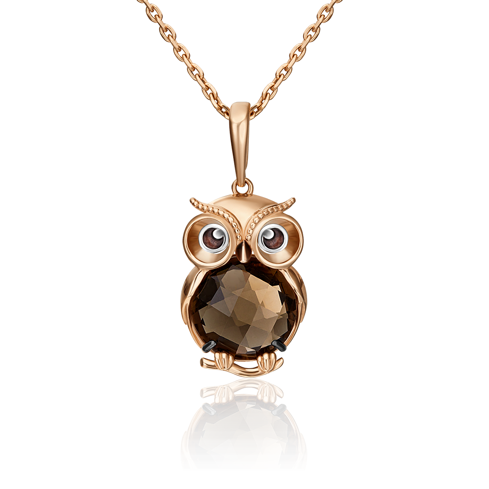 Подвеска «Сова» из комбинированного золота с кварцем дымчатым и эмалью