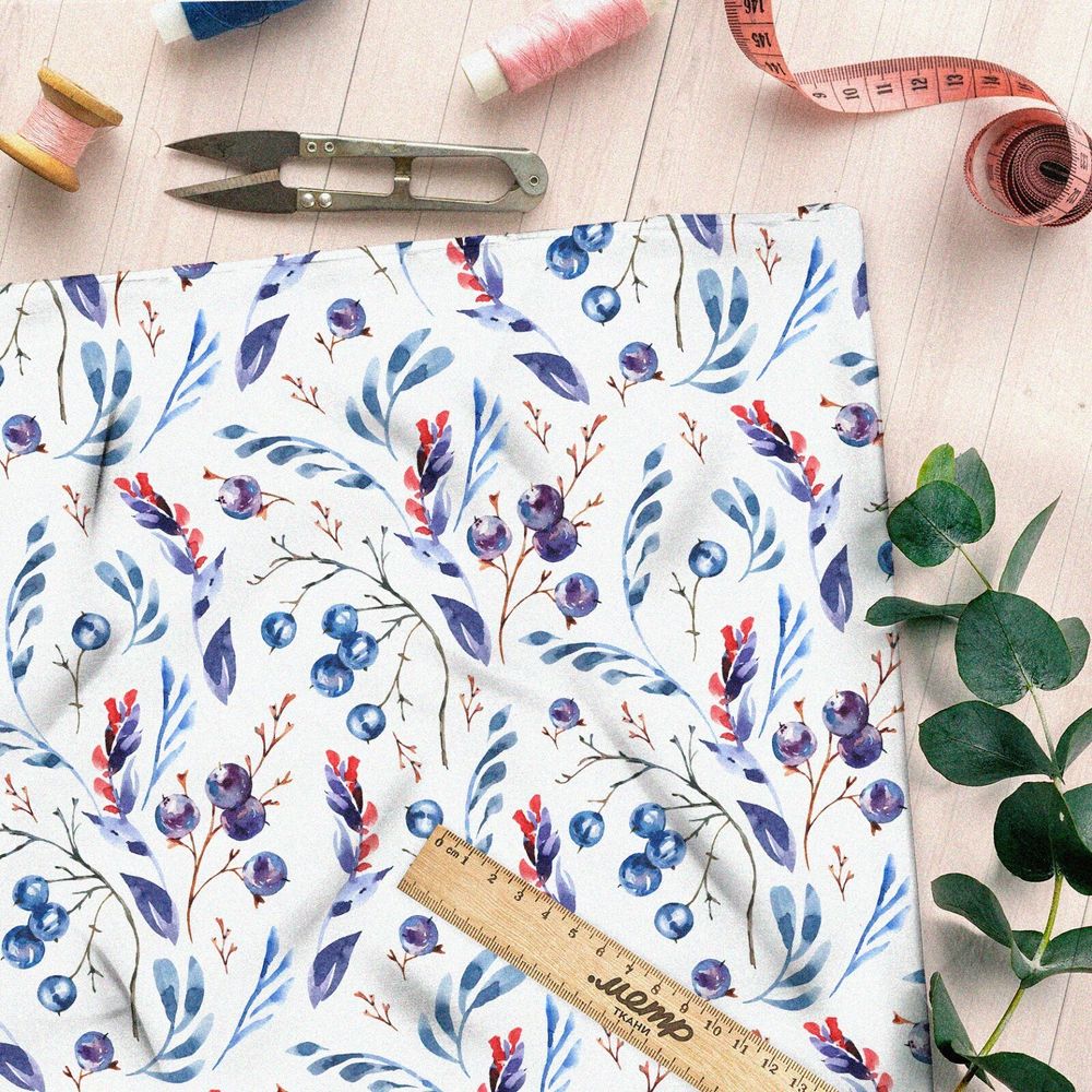 Ткань шелк Армани листья с голубикой