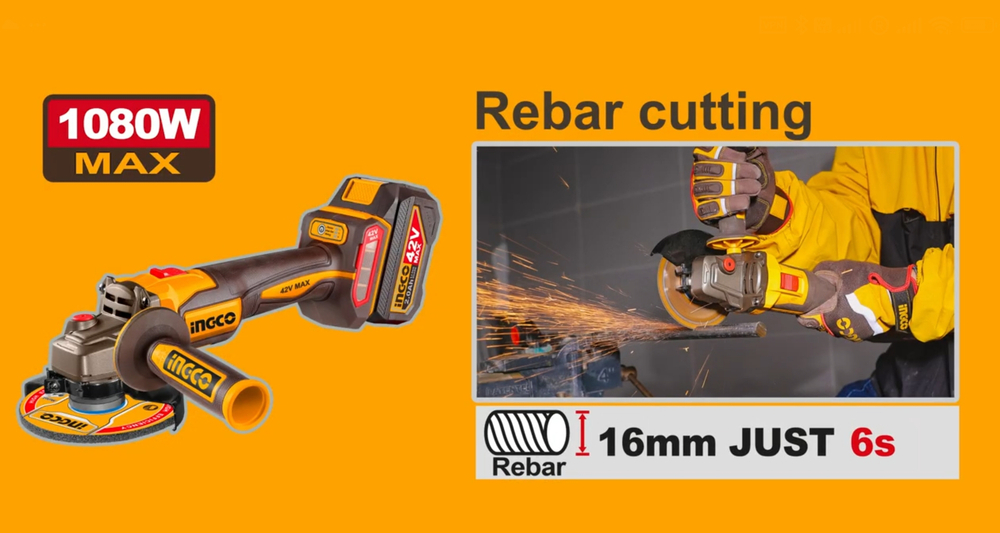 Аккумуляторная угловая шлифовальная машина (УШМ) INGCO CAGLI4108112 INDUSTRIAL 42 В 115 мм 2х2 Ач