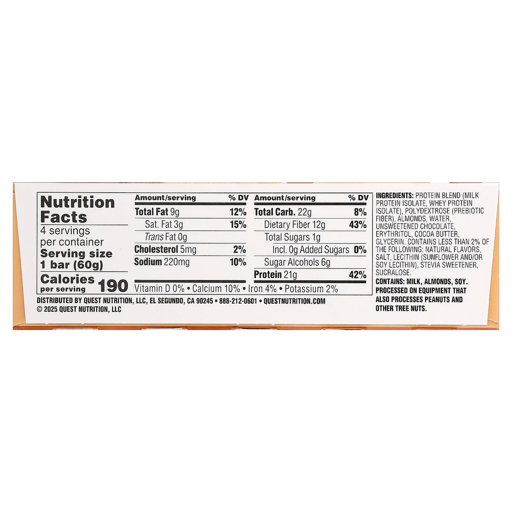 Quest Nutrition, Протеиновый батончик, тесто с шоколадной крошкой, 4 батончика, 60 г (2,12 унции)