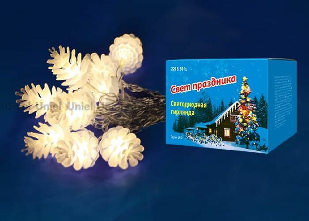 ULD-S0280-020/DTA WARM WHITE IP20 PINE CONES Гирлянда светодиодная «Шишки» , 20 светодиодов, 2,8 м, теплый белый, IP20, провод прозрачный.