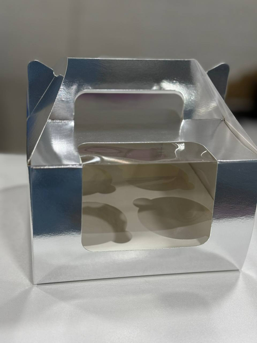 Коробка для капкейков 4 шт с окошком 160*160*195 мм (серебро)