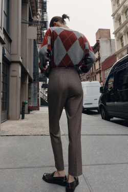 ZARA БРЮКИ В КЛЕТКУ С ВЫСОКОЙ ПОСАДКОЙ, КОРИЧНЕВЫЙ