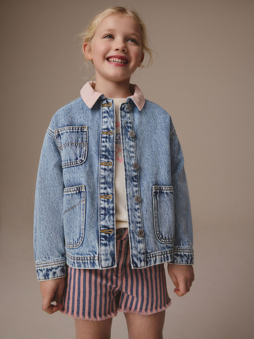 Куртка джинсовая с воротником для девочки Next E25-211, Синий, Розовый