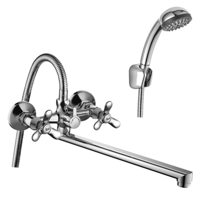 Смеситель Rossinka Q02-46 для ванны и душа с регулируемой высотой штанги, поворотным изливом и лейкой "Тропический дождь"