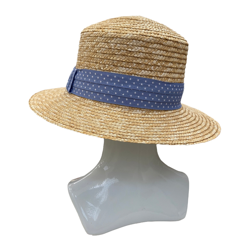 Канотье пшеница с лентой в горох Голубой