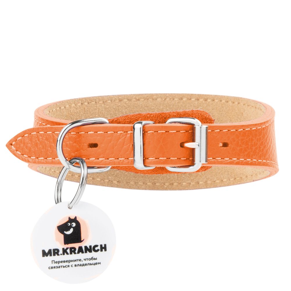 Ошейник-селедка Mr.Kranch для собак из натуральной кожи с QR-адресником 19-23см оранжевый