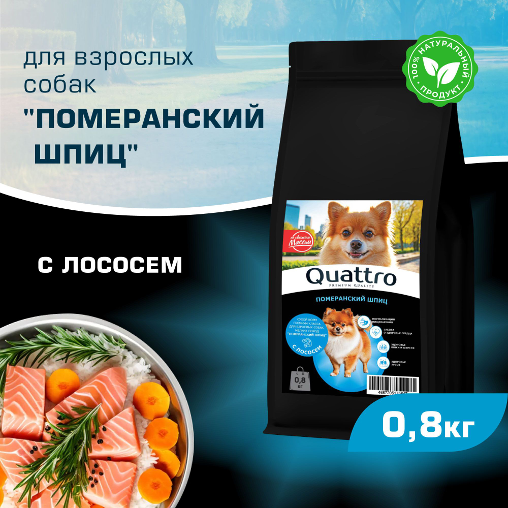Корм сухой для взрослых собак породы Померанский шпиц, с лососем, 800 гр, QUATTRO
