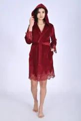 Халат женский велюровый с кружевом 0483 бордо NUSA Турция