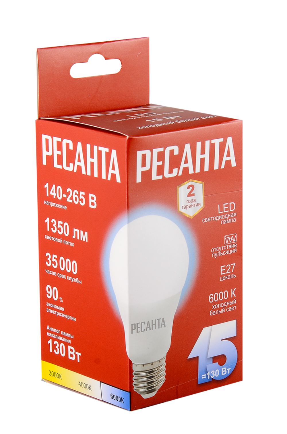 Лампа светодиодная Ресанта LL-R-A65-15W-230-6K-E27