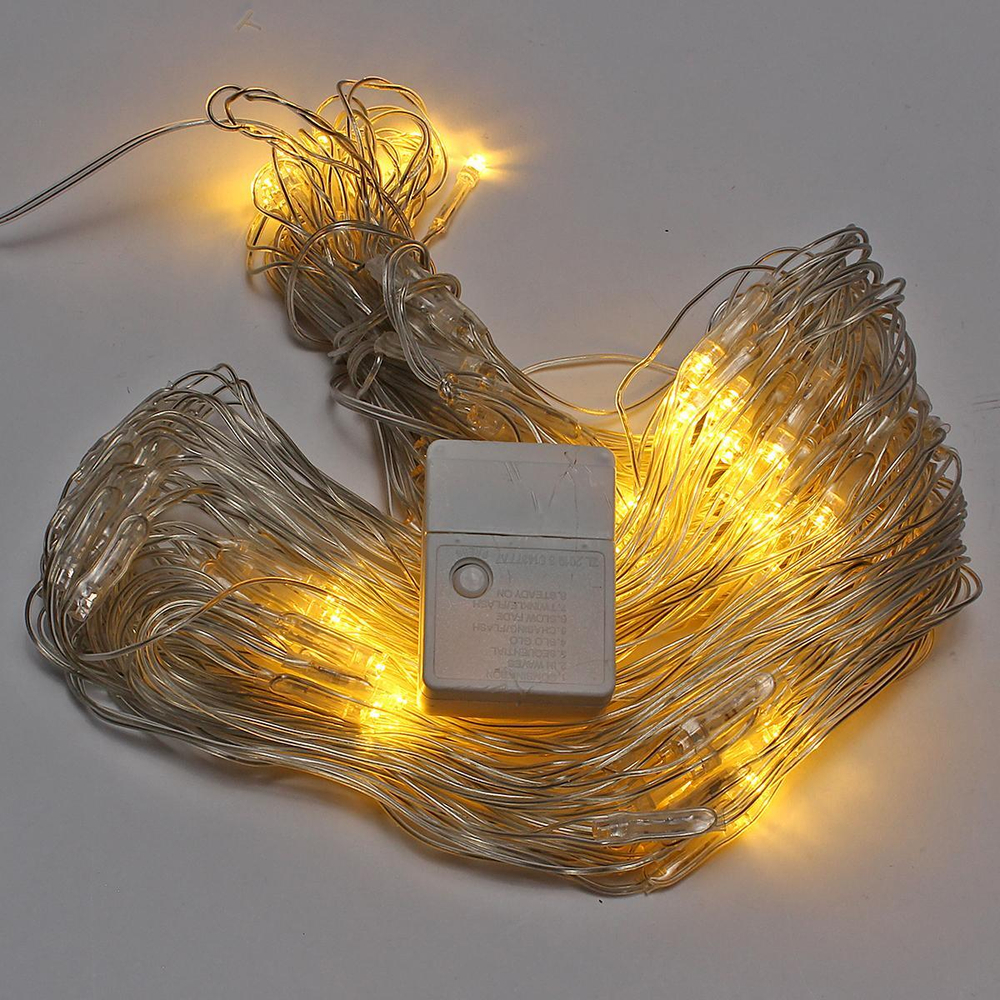Гирлянда сетка ш1,5* в1,5м 120 ламп LED, прозр.пров.,8 реж, IP-20, Теплый белый (Серпантин)