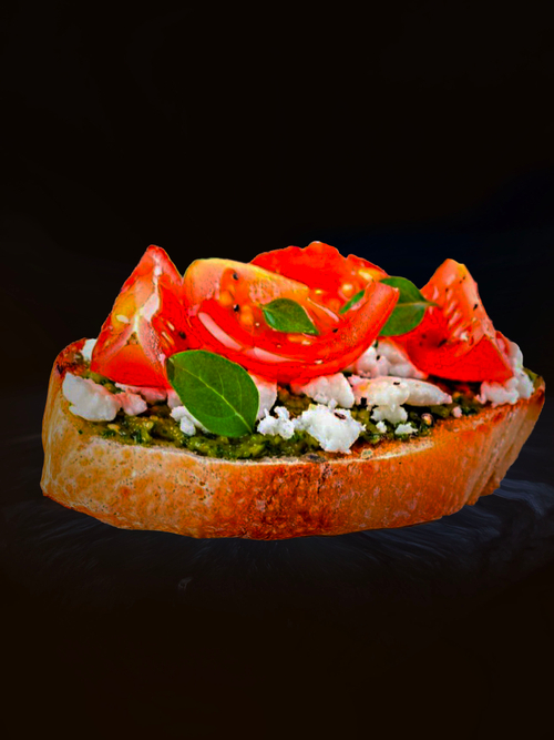 Веган брускетт с козьим сыром, черри, соусом Песто и свежим базиликом