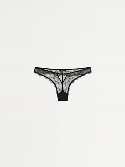 Massimo Dutti Трусы-танга из кружева с сетчатыми деталями, черный
