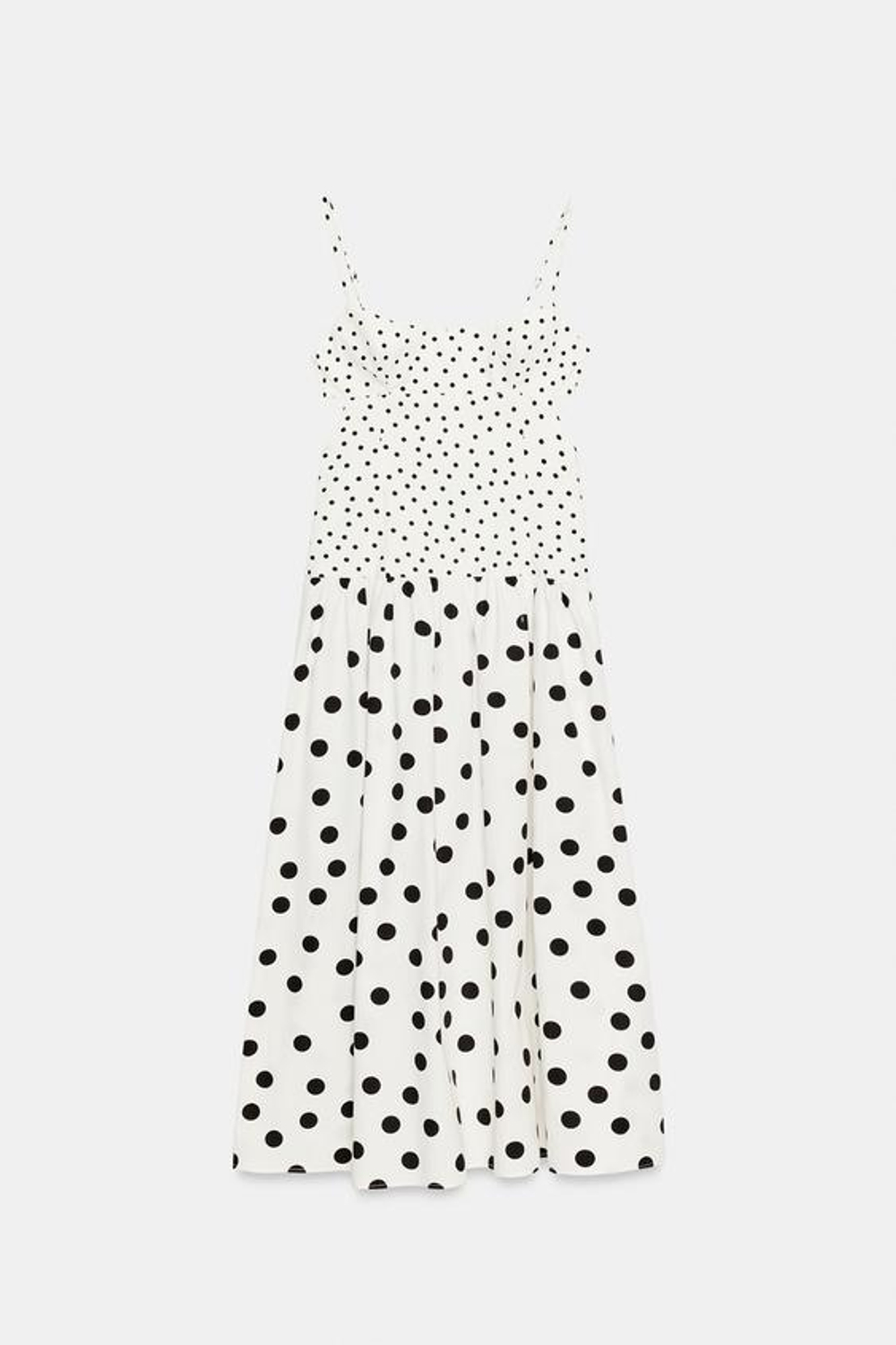 ZARA ПЛАТЬЕ МИДИ В ГОРОШЕК НА БРЕТЕЛЯХ, ЭКРЮ/ЧЕРНЫЙ