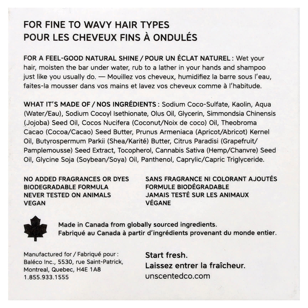 The Unscented Company, очищающий твердый шампунь, для тонких и волнистых волос, 65 г (2,3 унции)