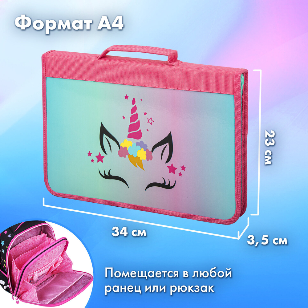 Папка на молнии BRAUBERG А4 с ручкой, с органайзером, 1 отделение, "Unicorn", 271447