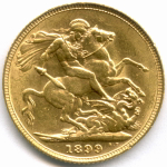 1 соверен Великобритания (Виктория) 1899 г. Золото. XF