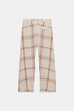 ZARA БРЮКИ БАГГИ ИЗ ЛЬНА В КЛЕТКУ — ZW COLLECTION, ЭКРЮ/КРАСНЫЙ
