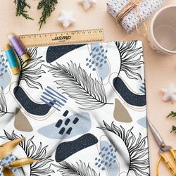 Ткань интерлок рисунок листьев и голубых камней на белом фоне