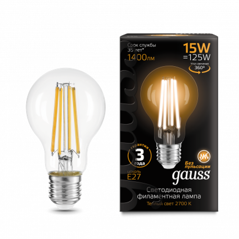 Лампа Gauss LED Filament A60 15W E27 1400 lm 2700K 102902115