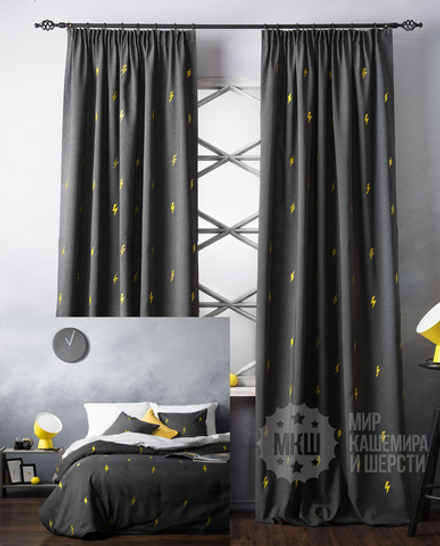 Комплект для спальни шторы и покрывало с вышивкой: ФЛЕШ (арт. BL10-246-01)  - (145х280)х2 см., покрывало 230х250 см. - мокрый асфальт