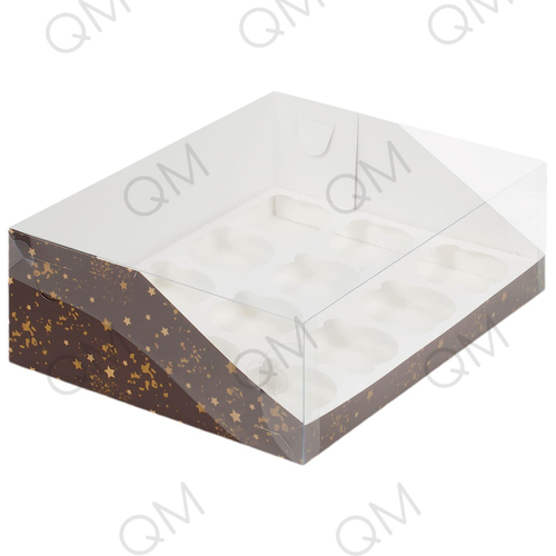 Коробка под капкейки с пластиковой крышкой 310*235*100 мм (12) (коричневая со звёздами), 10шт