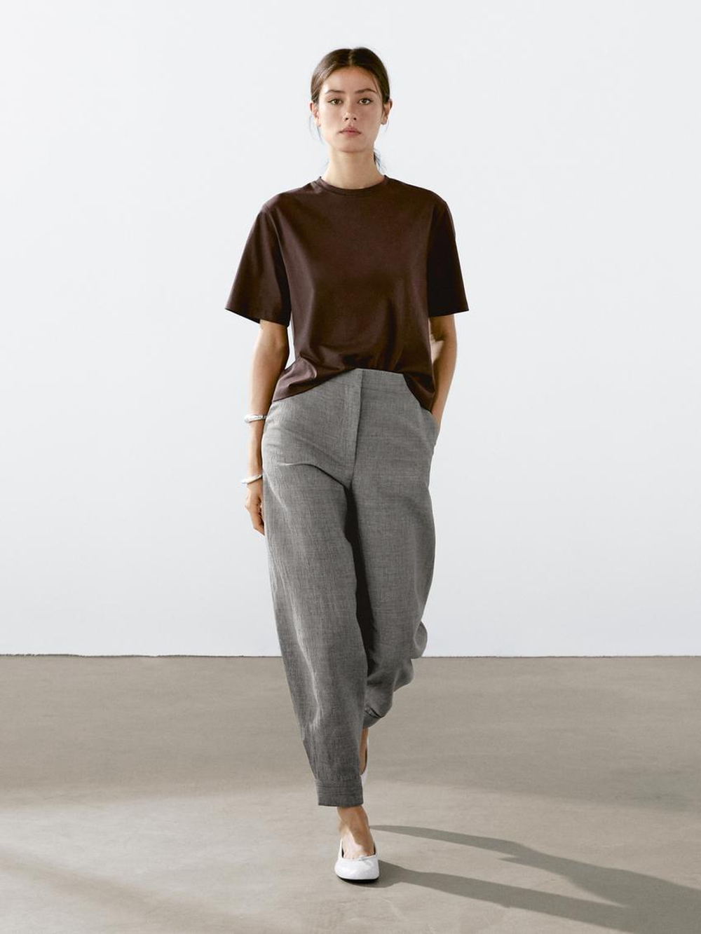 Massimo Dutti Футболка с декоративной строчкой, коричневый