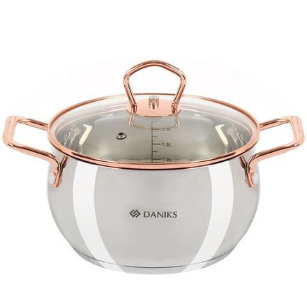Кастрюля нерж, 2.5 л, крышка стекло, Daniks, Карлин, GS-01332G-18, индукц