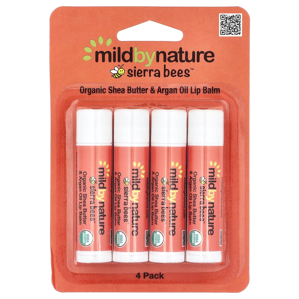 Mild By Nature, Sierra Bees™, органические бальзамы для губ, масло ши и аргановое масло, упаковка из 4 шт. по 4,25 г (0,15 унции)