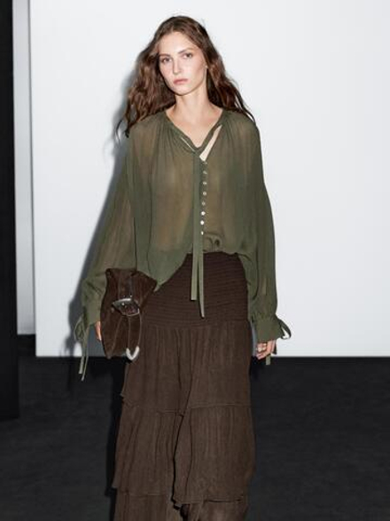 Massimo Dutti Длинная юбка с воланами, шоколадный