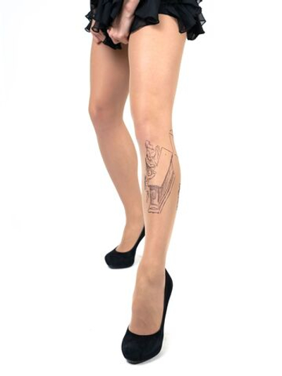 Необычные колготки с имитацией тату на левой ножке (Размер: S-M-L) (Цвет: бежевый)